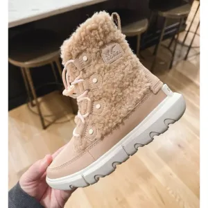 NEW Sorel Explorer ll Cozy Joan Lace Up Boots Faux Shearling Tan Pink NWT