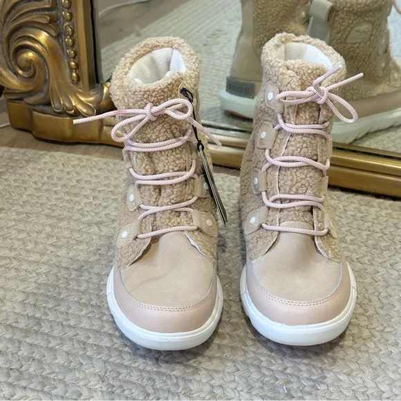 NEW Sorel Explorer ll Cozy Joan Lace Up Boots Faux Shearling Tan Pink NWT