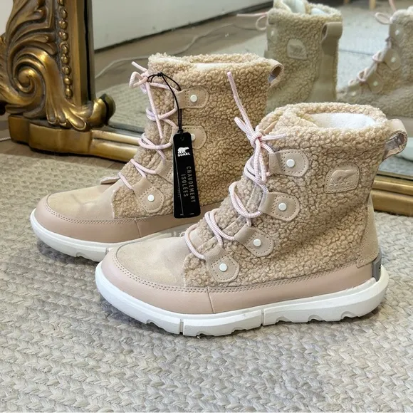 NEW Sorel Explorer ll Cozy Joan Lace Up Boots Faux Shearling Tan Pink NWT