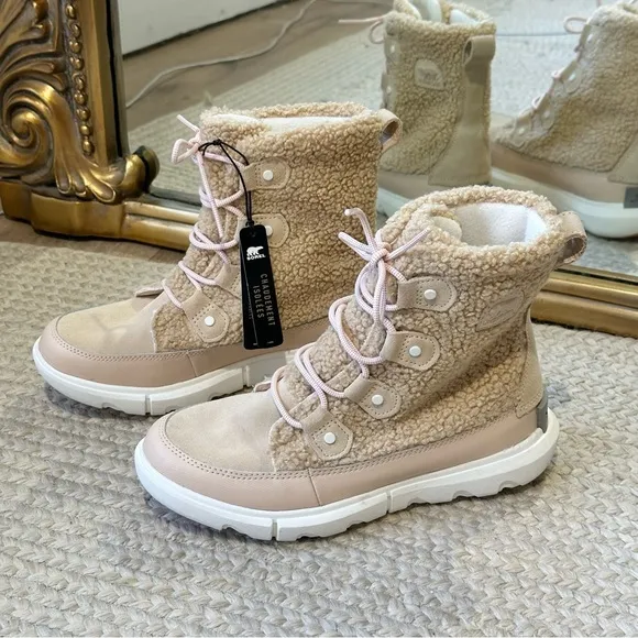 NEW Sorel Explorer ll Cozy Joan Lace Up Boots Faux Shearling Tan Pink NWT