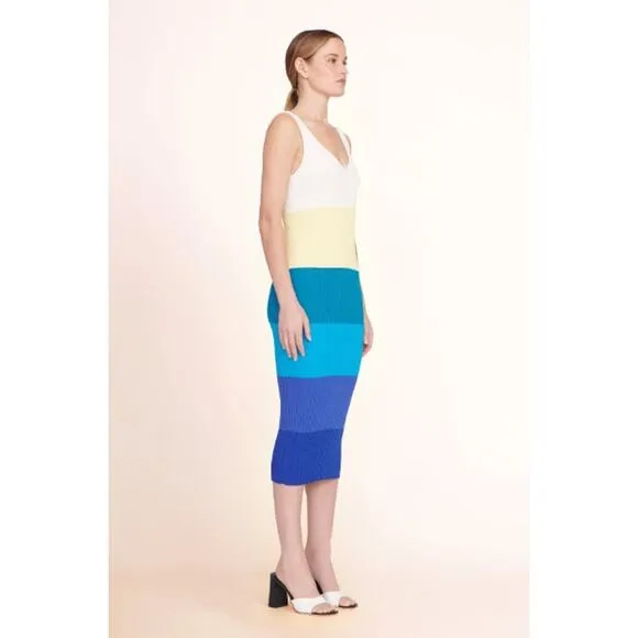NEW STAUD Dana Dress Midi Ribbed Knit Slim Fit Pacific Stripe Women's Size Small