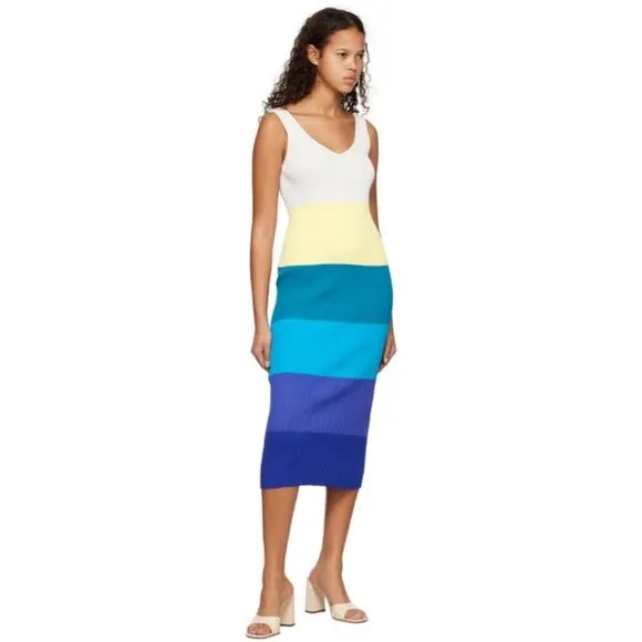NEW STAUD Dana Dress Midi Ribbed Knit Slim Fit Pacific Stripe Women's Size Small