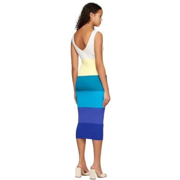 NEW STAUD Dana Dress Midi Ribbed Knit Slim Fit Pacific Stripe Women's Size Small