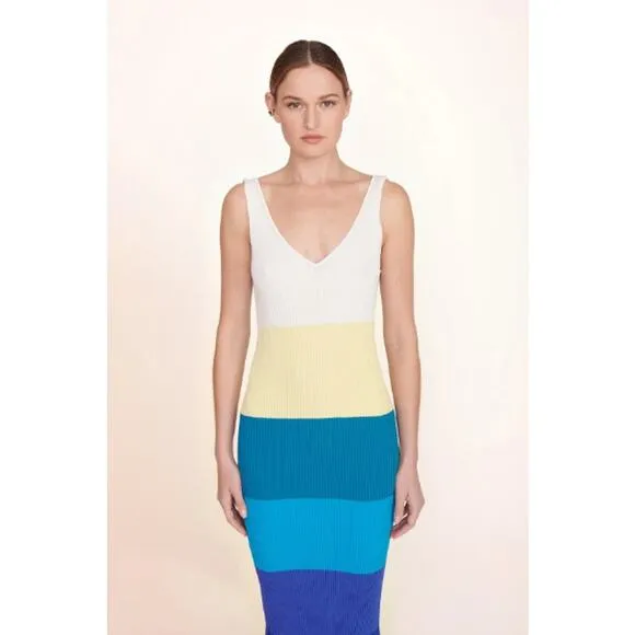 NEW STAUD Dana Dress Midi Ribbed Knit Slim Fit Pacific Stripe Women's Size Small