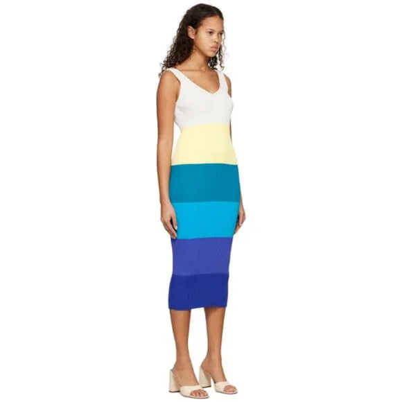 NEW STAUD Dana Dress Midi Ribbed Knit Slim Fit Pacific Stripe Women's Size Small