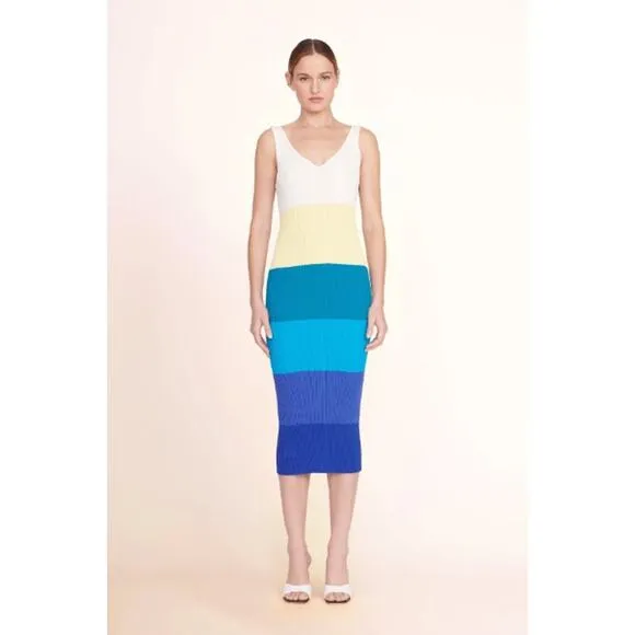 NEW STAUD Dana Dress Midi Ribbed Knit Slim Fit Pacific Stripe Women's Size Small