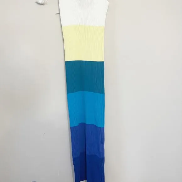 NEW STAUD Dana Dress Midi Ribbed Knit Slim Fit Pacific Stripe Women's Size Small