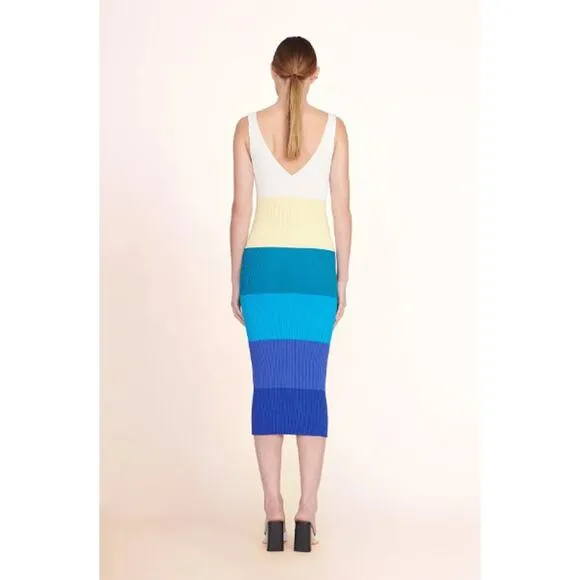 NEW STAUD Dana Dress Midi Ribbed Knit Slim Fit Pacific Stripe Women's Size Small