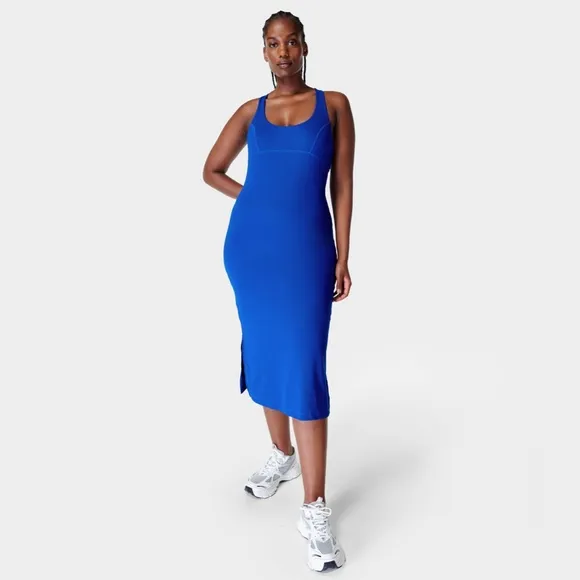 NEW Sweaty Betty Emily Strappy Back Rib Dress Maxi Dress In Lighting Blue Size 6