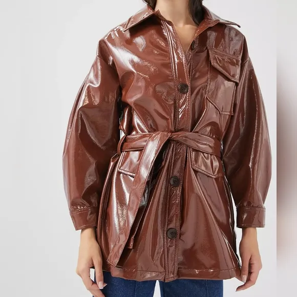 NEW Tach Clothing Mahogany Brown Patent Faux Leather Carioca Short Trench Coat M