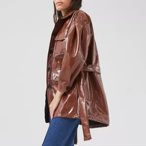 NEW Tach Clothing Mahogany Brown Patent Faux Leather Carioca Short Trench Coat M