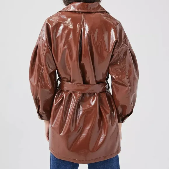 NEW Tach Clothing Mahogany Brown Patent Faux Leather Carioca Short Trench Coat M