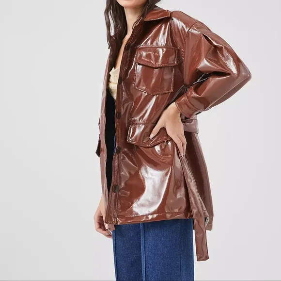 NEW Tach Clothing Mahogany Brown Patent Faux Leather Carioca Short Trench Coat M