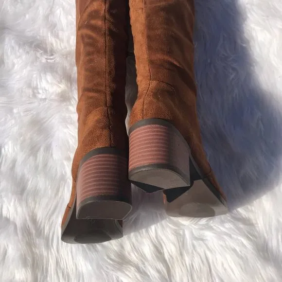 NEW Trary brown suede over the knee high snake chunky heel boots