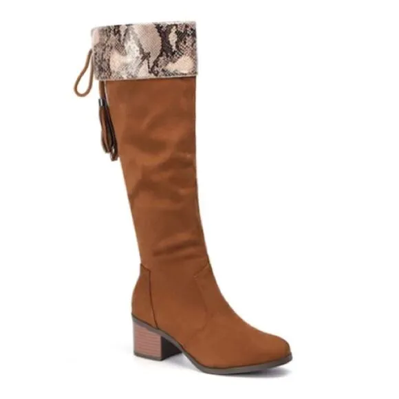 NEW Trary brown suede over the knee high snake chunky heel boots