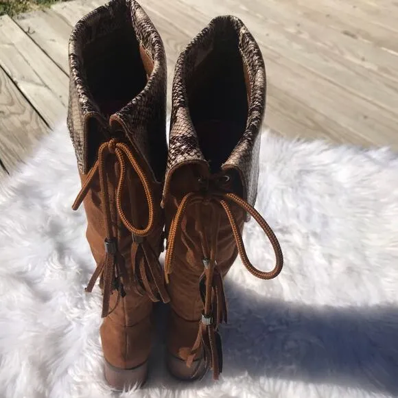 NEW Trary brown suede over the knee high snake chunky heel boots