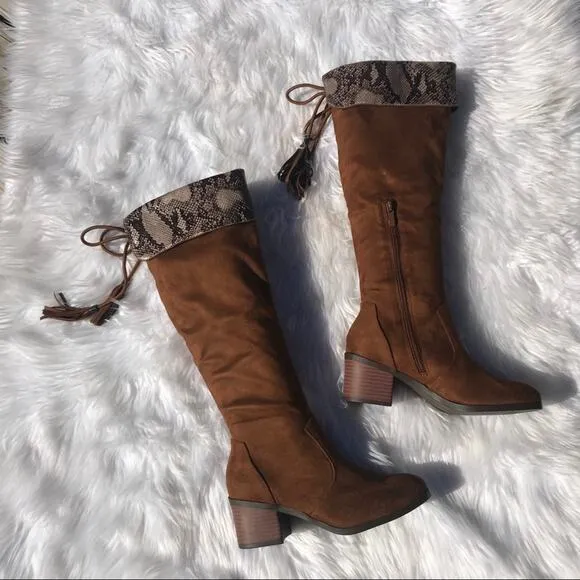 NEW Trary brown suede over the knee high snake chunky heel boots