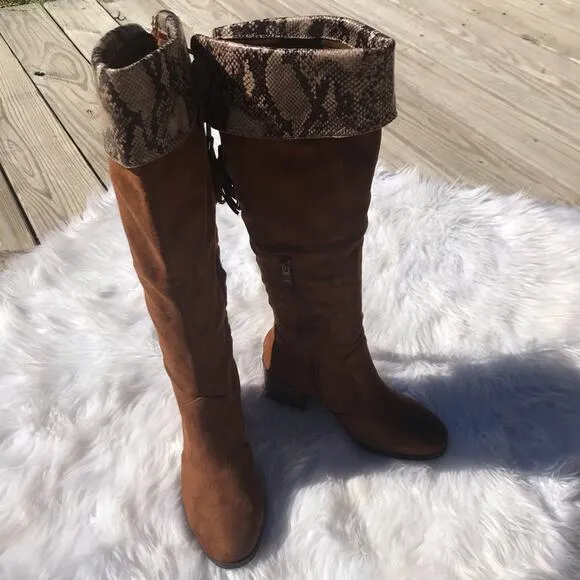 NEW Trary brown suede over the knee high snake chunky heel boots