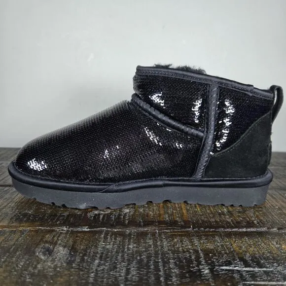 NEW UGG Classic Mini Mirror Ball Womens Size 6 Slip On Shoes Boots Black