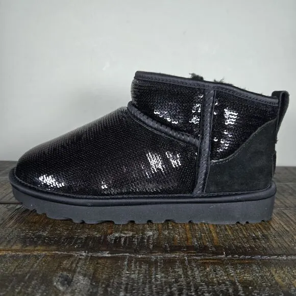 NEW UGG Classic Mini Mirror Ball Womens Size 6 Slip On Shoes Boots Black