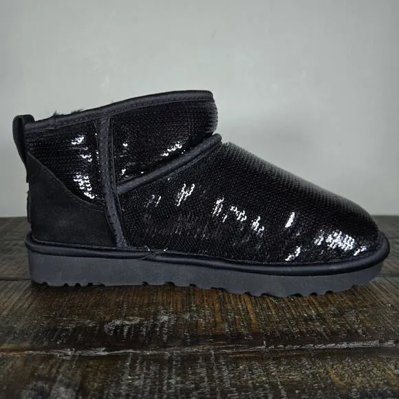 NEW UGG Classic Mini Mirror Ball Womens Size 6 Slip On Shoes Boots Black