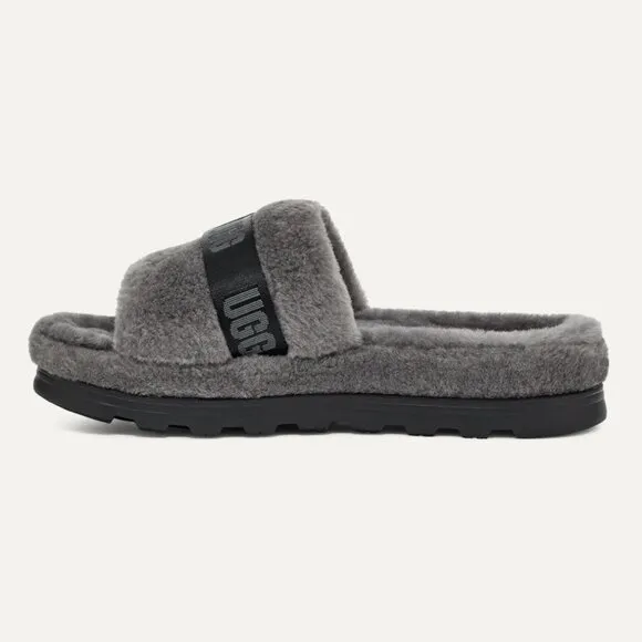NEW UGG Men Fluff Up Charcoal Slip On Sheepskin Fur Slide Slippers