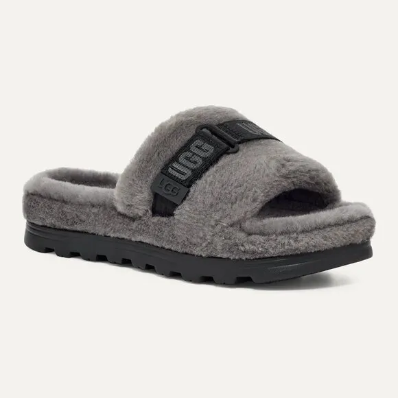 NEW UGG Men Fluff Up Charcoal Slip On Sheepskin Fur Slide Slippers