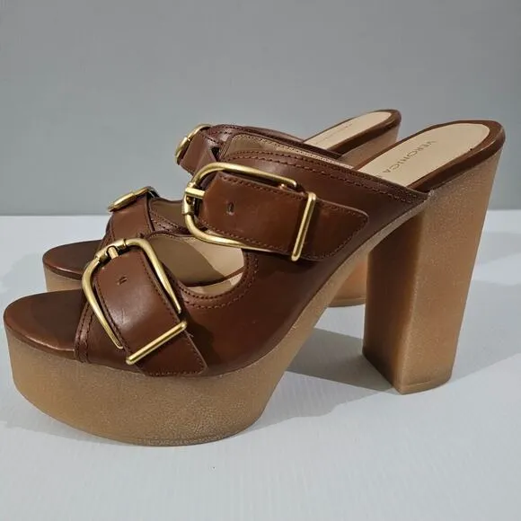 NEW Veronica Beard Garrick Platform Sandal Chunky Slide Brown Leather Size 9.5
