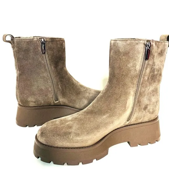 New Vince Camuto Neframes Brown Leather Suede Chunky Sole Side Zipper Bootie 8.5