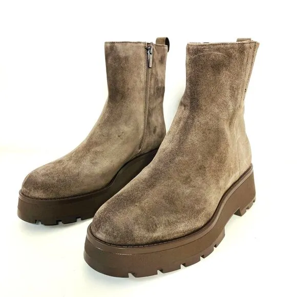 New Vince Camuto Neframes Brown Leather Suede Chunky Sole Side Zipper Bootie 8.5