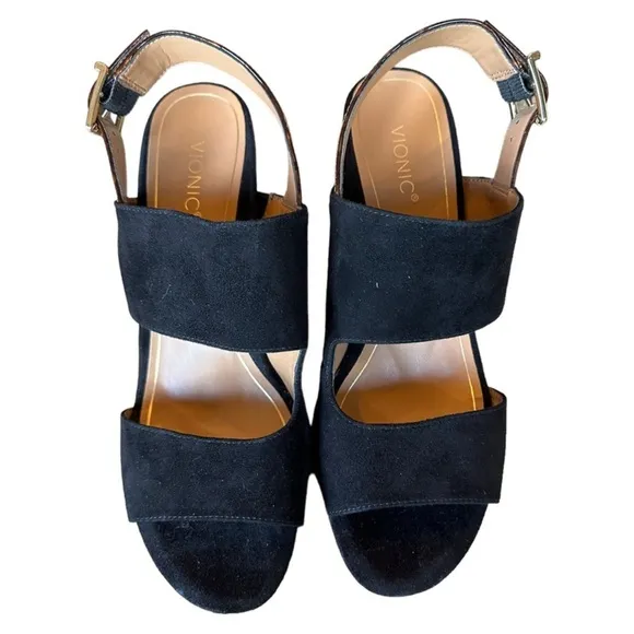 ☁️👠NEW Vionic Bianca Black Suede Heel Slingback Sandals Tortoise Ankle Strap 10