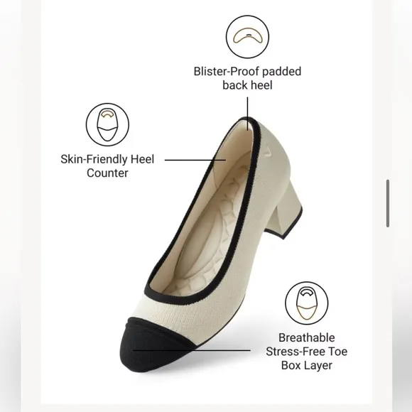 New Vivaia Almond Toe Chunky Heels Julie Pro Pumps Beige Black Size 37 Size 6.5