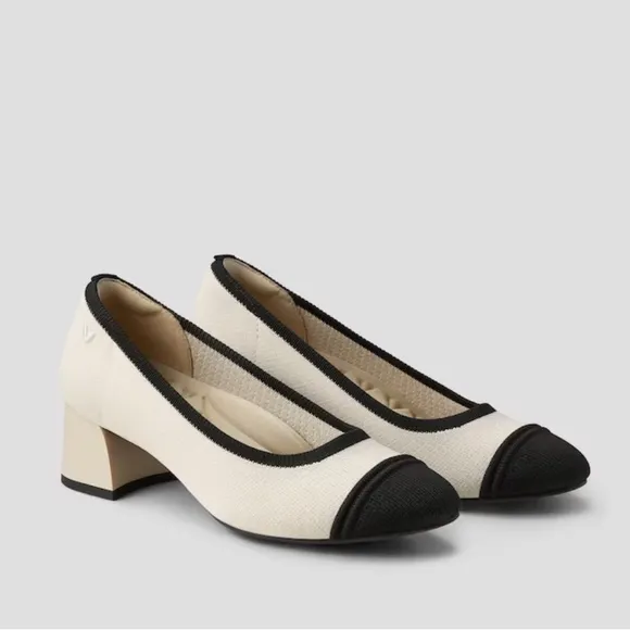 New Vivaia Almond Toe Chunky Heels Julie Pro Pumps Beige Black Size 37 Size 6.5
