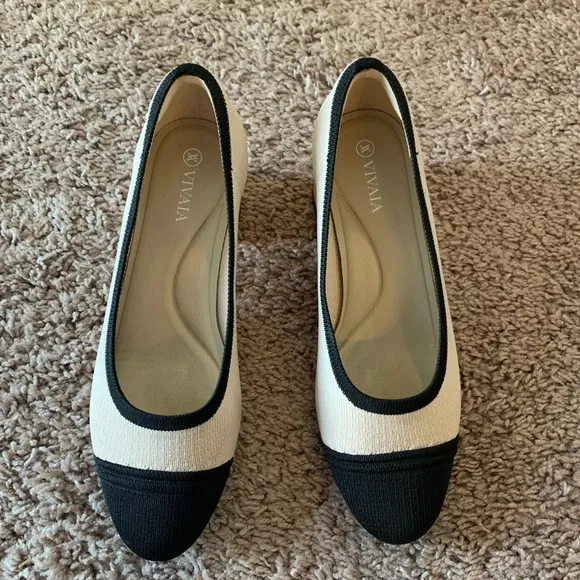 New Vivaia Almond Toe Chunky Heels Julie Pro Pumps Beige Black Size 37 Size 6.5
