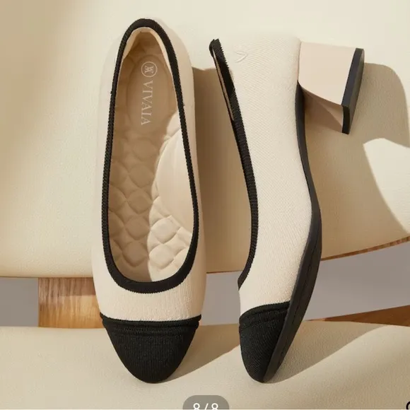 New Vivaia Almond Toe Chunky Heels Julie Pro Pumps Beige Black Size 37 Size 6.5