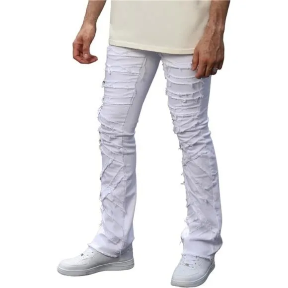 New w Tags Men's Ripped Bootcut Jeans Slim Fit Bell Bottom Ripped Flared Denim