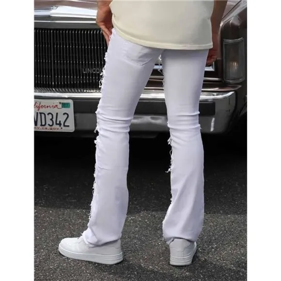 New w Tags Men's Ripped Bootcut Jeans Slim Fit Bell Bottom Ripped Flared Denim