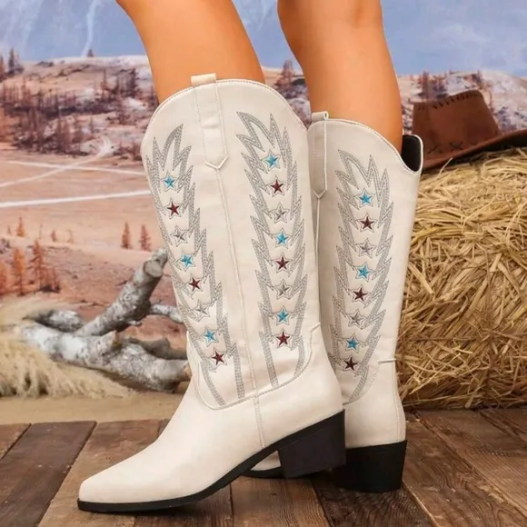 NEW WOMENS EMBROIDERY POINTED TOE LO-HEEL MID-CALF WESTERN BOOTS 👢