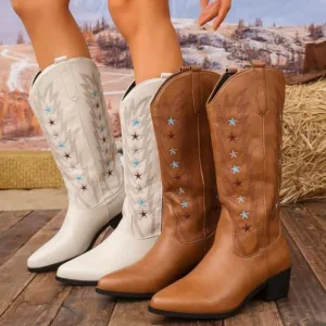 NEW WOMENS EMBROIDERY POINTED TOE LO-HEEL MID-CALF WESTERN BOOTS 👢
