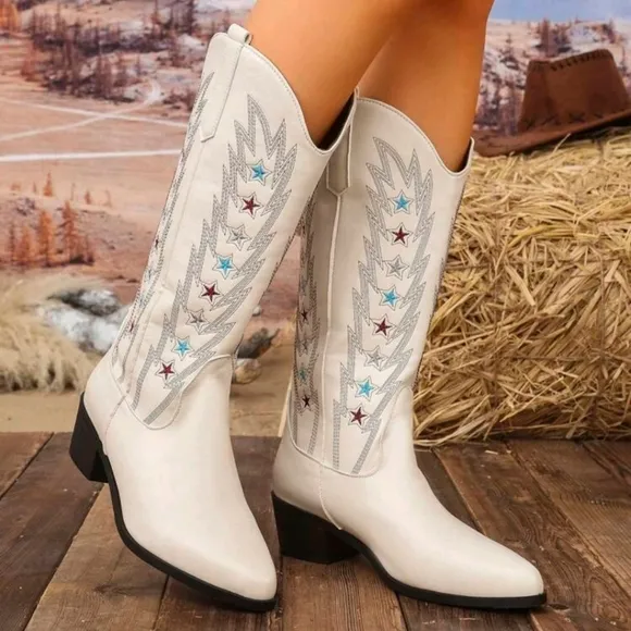 NEW WOMENS EMBROIDERY POINTED TOE LO-HEEL MID-CALF WESTERN BOOTS 👢