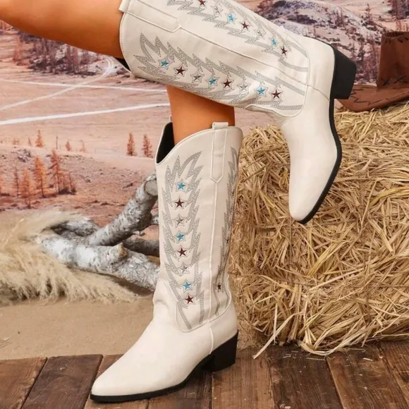 NEW WOMENS EMBROIDERY POINTED TOE LO-HEEL MID-CALF WESTERN BOOTS 👢