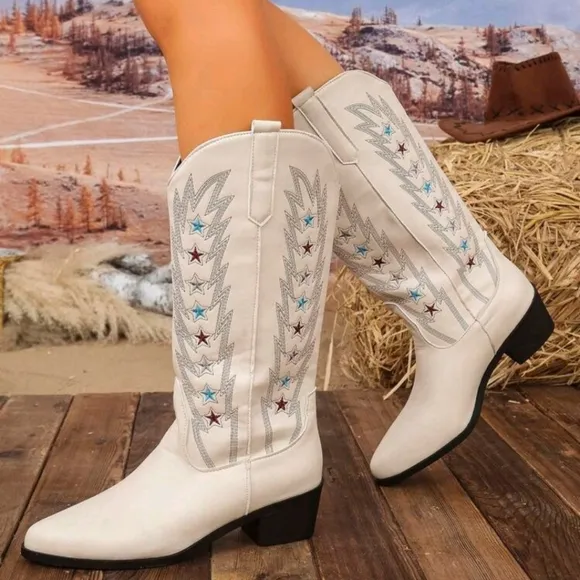NEW WOMENS EMBROIDERY POINTED TOE LO-HEEL MID-CALF WESTERN BOOTS 👢