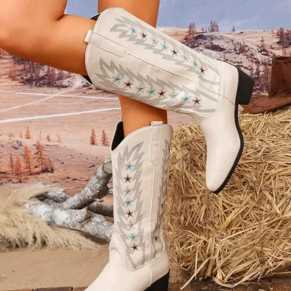 NEW WOMENS EMBROIDERY POINTED TOE LO-HEEL MID-CALF WESTERN BOOTS 👢