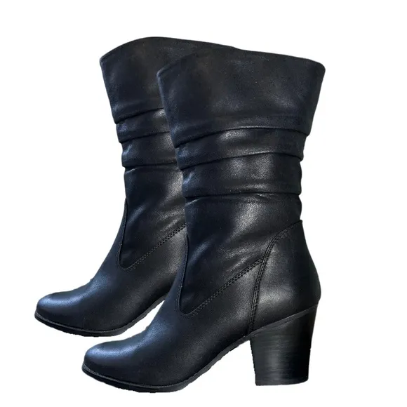 New Women's Mid Calf Block Heel Black Slouch Boots size 9