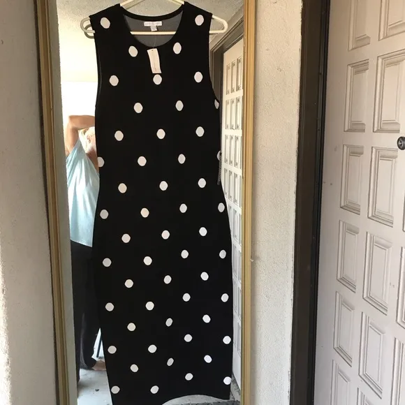 New York &amp; Company Slim Fit Knit Dress SzS Black/Polka Dots NWT