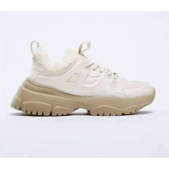 New! Zara women’s 11, off white faux fur lined chunky heel running shoes.