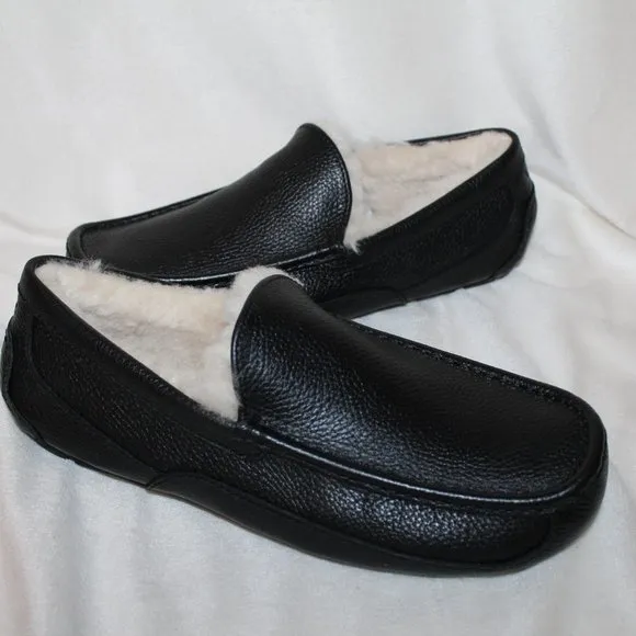 NIB‎ ASCOT MEN'S LEATHER SHEARLING LINED SLIPPERS BLACK