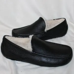 NIB‎ ASCOT MEN'S LEATHER SHEARLING LINED SLIPPERS BLACK