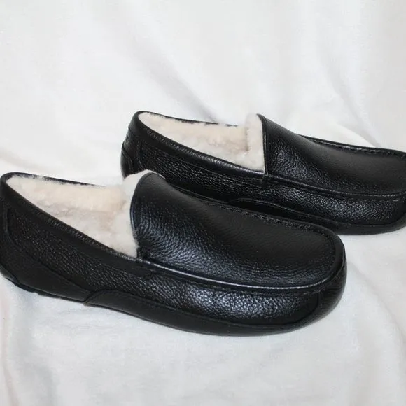 NIB‎ ASCOT MEN'S LEATHER SHEARLING LINED SLIPPERS BLACK