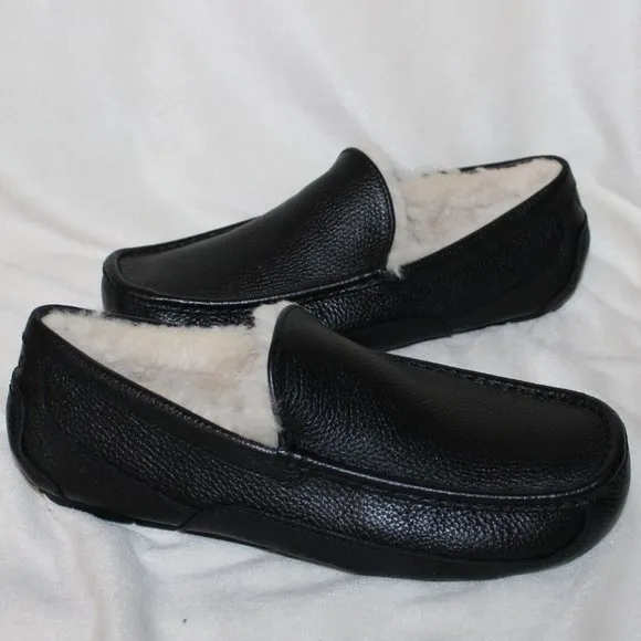 NIB‎ ASCOT MEN'S LEATHER SHEARLING LINED SLIPPERS BLACK